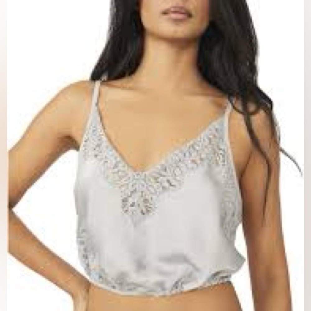 Free People Silver Satin Lace Trim Cropped Tank